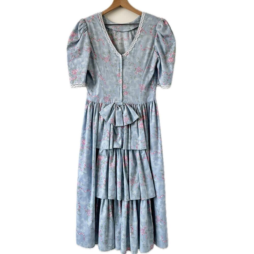 Vintage 80s Gunne Sax by Jessica McClintock Floral Lace Bow Midi Dress Size 9/10 - Picture 10 of 11